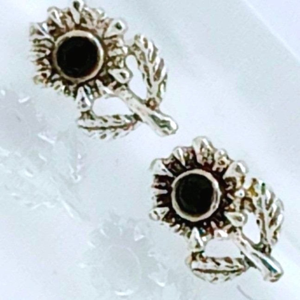 Sterling 925 Silver Sunflower Stud Earrings Floral Vintage 1990s Crystal Jewelry